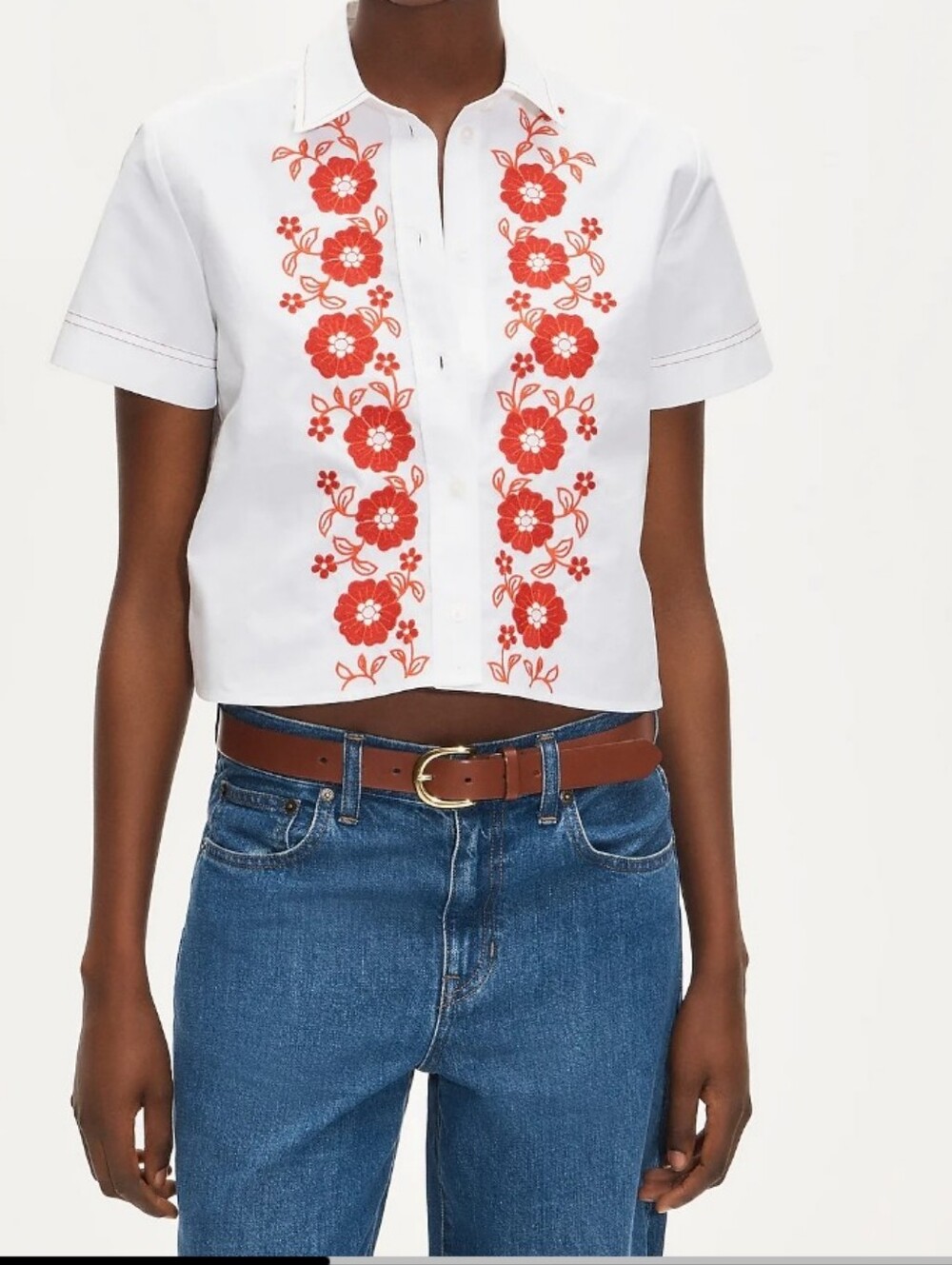 J. Crew GARMINE White Button-Down Shirt with Red Floral Embroidery SIZE 14 NEW